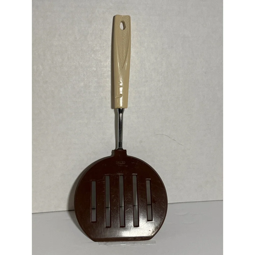 Vintage Ekco Kitchen Utensil 4pc Slotted Spatula Spoons Pasta Server Brown Tan